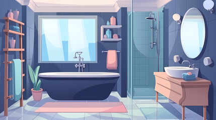 Bath room interior with bathtub and toilet bowl, cabinets and mirrors, cleaning products, and towels. Cartoon vector shower space with window and carpet on floor.