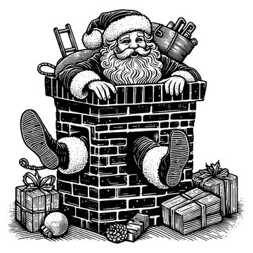 recommend clip art: Santa Claus humorously stuck in chimney with his legs dangling out, playful scene sketch engraving generative ai fictional character PNG illustration. Scratch board imitation. Black and white image