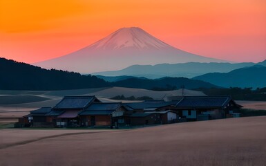 Stunning Orange Sunset Over Japanese Countryside with Mount Fuji