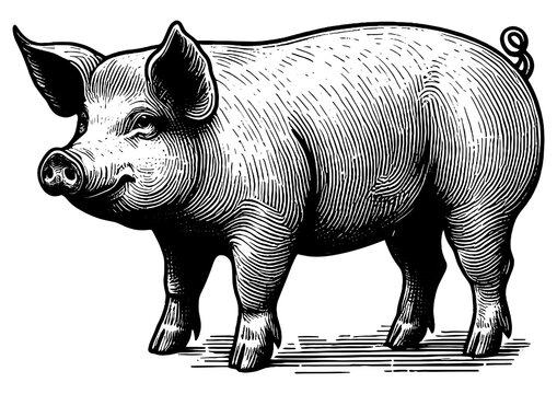 recommend clip art: piglet in a vintage engraving style, with detailed shading and textures sketch engraving generative ai fictional character PNG illustration. Scratch board imitation. Black and white image.