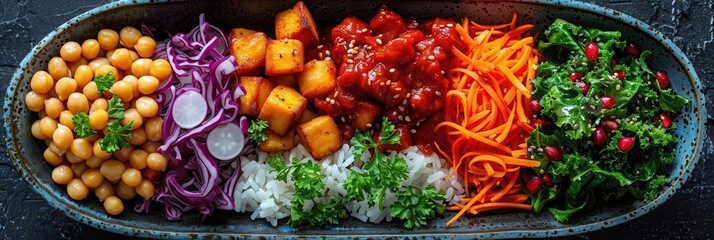 Fototapeta premium Colorful Buddha bowl with chickpeas, tofu, red cabbage, carrots, and greens.