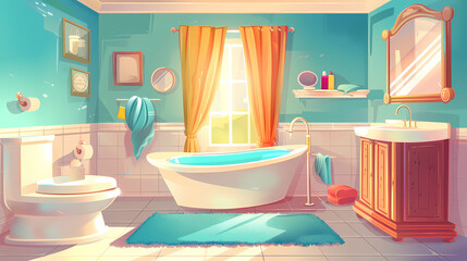 Bath room interior with bathtub and toilet bowl, cabinets and mirrors, cleaning products, and towels. Cartoon vector shower space with window and carpet on floor.