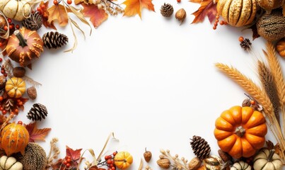 Thanksgiving and Autumn decoration concept made from autumn leaves and pumpkins, dried foliage, berry, pinecones and acorns with copy space, top view.