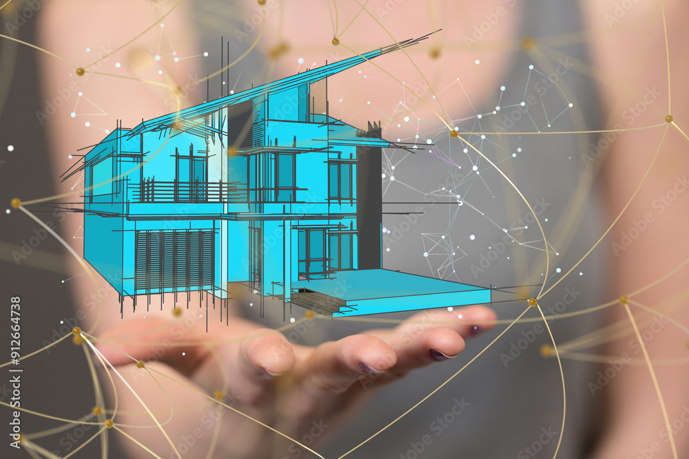 Aufkleber home iot - neural network 3d illustration. big data and cybersecurity