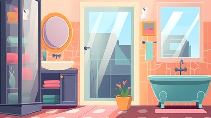 Bath room interior with bathtub and toilet bowl, cabinets and mirrors, cleaning products, and towels. Cartoon vector shower space with window and carpet on floor.