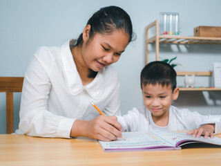 Female tutor helping little elementary school boy with homework during individual lesson at home, Teacher or mother helping boy writing lesson and learning to write, Education home school concept.