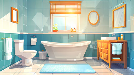 Bath room interior with bathtub and toilet bowl, cabinets and mirrors, cleaning products, and towels. Cartoon vector shower space with window and carpet on floor.