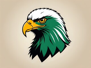 Fototapeta premium Green eagle head with yellow beak and white feathers on a beige background.