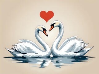 Fototapeta premium Two white swans swimming in a lake with a red heart above them.