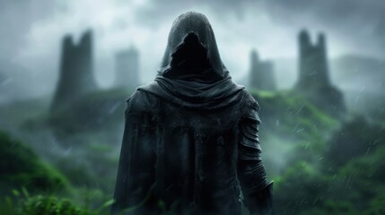 A ghostly warrior in ancient armor, haunting the overgrown ruins of a forgotten forest temple