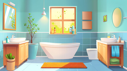 Bath room interior with bathtub and toilet bowl, cabinets and mirrors, cleaning products, and towels. Cartoon vector shower space with window and carpet on floor.