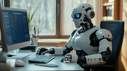 Robot working on computer in office. Concept of artificial intelligence.
