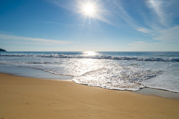 Empty tropical beach and seascape, Beautiful sandy beach and sea in sunny day,Blue sky in good...