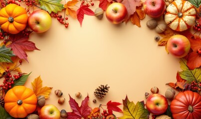 Thanksgiving and Autumn decoration concept made from autumn leaves and pumpkins, dried foliage, berry, pinecones and acorns with copy space, top view.