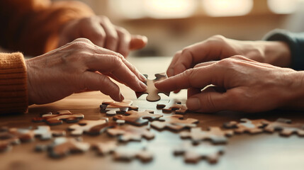Close-up of hands assembling a jigsaw puzzle on a wooden table in a warm setting.