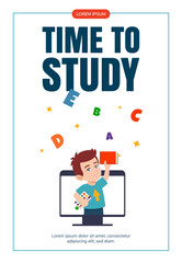 Happy Little boy with book Surrounded with letters on computer monitor. Education, knowledge, reading concept Flyer design, banner, promo, advertising, leaflet. Vector flat illustration cartoon style.