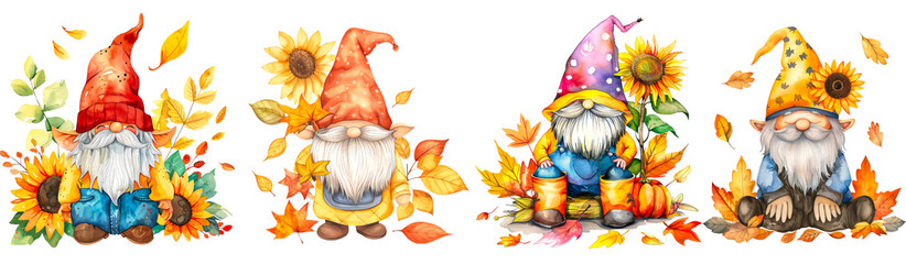 Set of Kawaii Gnome with sunflower and autumn leaves clipart isolated on transparent background.