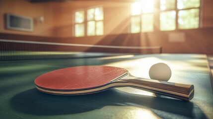 A pair of table tennis paddles and a ping pong ball on a table tennis table.