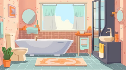 Bath room interior with bathtub and toilet bowl, cabinets and mirrors, cleaning products, and towels. Cartoon vector shower space with window and carpet on floor.