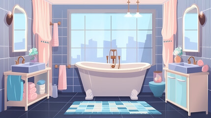Bath room interior with bathtub and toilet bowl, cabinets and mirrors, cleaning products, and towels. Cartoon vector shower space with window and carpet on floor.