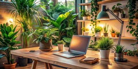 Fototapeta premium Inviting home office setup features laptop on wooden desk surrounded by lush green plants and ambient warm lighting, exuding comfort and productivity.