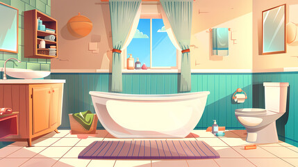 Bath room interior with bathtub and toilet bowl, cabinets and mirrors, cleaning products, and towels. Cartoon vector shower space with window and carpet on floor.