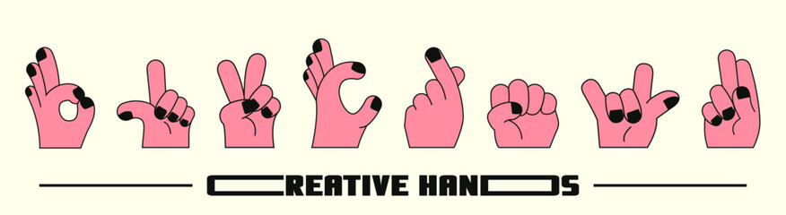 Set of human hands with different gestures in retro linear style. Vector illustration of large creative hands with thick fingers depicting attention, agreement, victory.