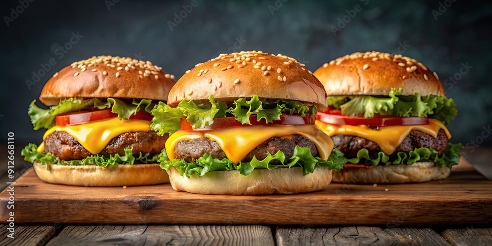 Wall mural Burgers that will melt in your mouth, showcasing the perfect combination of juicy meat and melted cheese, juicy, meat