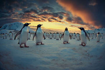 southern penguin group living in the nature of Antarctica 