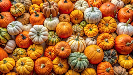 Background of pumpkins in various sizes and colors , pumpkins, fall, autumn, harvest, seasonal, orange, gourds