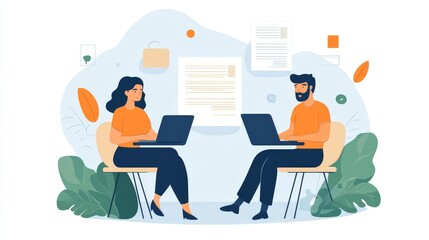 Collaborative Minimalist Content Creation: Writer and Graphic Designer Working on Project in Flat Illustration Style