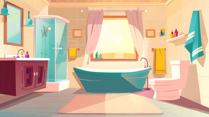 Fototapeta premium Bath room interior with bathtub and toilet bowl, cabinets and mirrors, cleaning products, and towels. Cartoon vector shower space with window and carpet on floor.