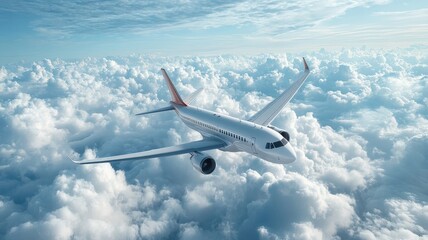 Whimsical depiction of airplane soaring through clouds with passengers enjoying view.