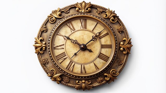Retro antique clock face with roman numerals and ornate details, showcasing iconic time-telling design, isolated on a plain white background with subtle shadows.