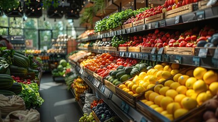 Obraz premium Fresh produce displayed on shelves at a local grocery store.
