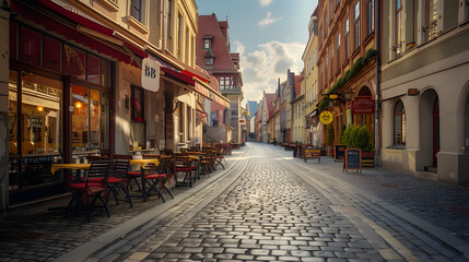 Naklejka premium Historic European city street with cobblestones and cafes 
