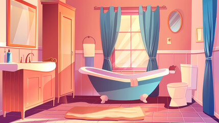 Obraz premium Bath room interior with bathtub and toilet bowl, cabinets and mirrors, cleaning products, and towels. Cartoon vector shower space with window and carpet on floor.