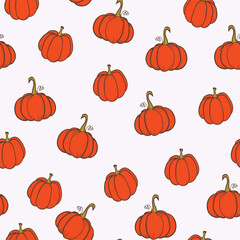 Seamless pattern with pumpkins on color background. Vector hand drawn sketched pumpkin. Autumn illustration for holidays, Halloween. Various food items in doodle style