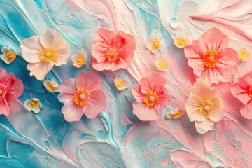 Pink and White Flowers on Blue and Pink Swirled Background