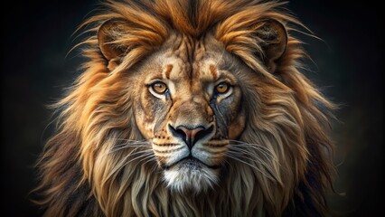 Fototapeta premium Powerful lion's face with piercing eyes and majestic mane against a dark background, conveying regal strength and wild beauty in stunning close-up detail.