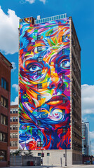 A colorful mural features a woman's face, artistically created on a tall, urban building surrounded by blue skies