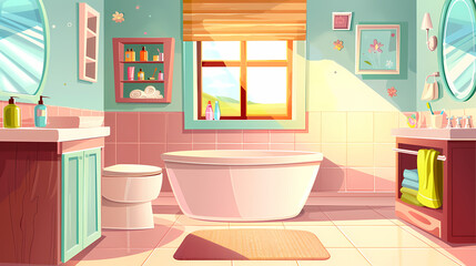 Bath room interior with bathtub and toilet bowl, cabinets and mirrors, cleaning products, and towels. Cartoon vector shower space with window and carpet on floor.