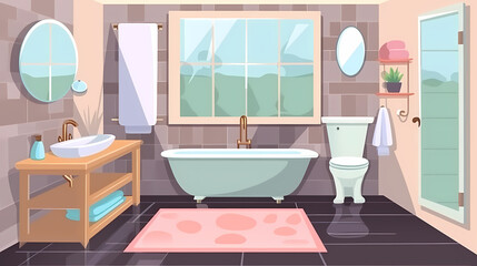Bath room interior with bathtub and toilet bowl, cabinets and mirrors, cleaning products, and towels. Cartoon vector shower space with window and carpet on floor.