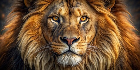 Naklejka premium Majestic lion in close up portrait exudes regal power, intense gaze, and fierce stare, symbolizing the apex predator of the African savannah in stunning detail.