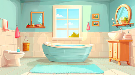 Bath room interior with bathtub and toilet bowl, cabinets and mirrors, cleaning products, and towels. Cartoon vector shower space with window and carpet on floor.