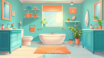 Bath room interior with bathtub and toilet bowl, cabinets and mirrors, cleaning products, and towels. Cartoon vector shower space with window and carpet on floor.