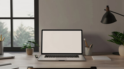 Workplace with a laptop computer on a desk, screen empty and ready for content, minimalist setup