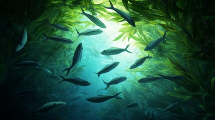 Obraz premium A mesmerizing spectacle of fish streaming through a dense kelp forest, their sleek forms flowing effortlessly amidst the vibrant underwater foliage