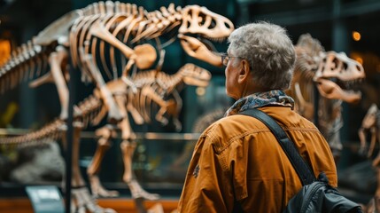 Fototapeta premium An individual admires ancient dinosaur skeletons on display in a museum