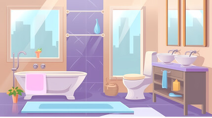 Bath room interior with bathtub and toilet bowl, cabinets and mirrors, cleaning products, and towels. Cartoon vector shower space with window and carpet on floor.